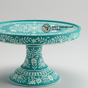 ฐานวางเค้กทรงกลม ดีไซน์หรูหรา สำหรับโอกาสพิเศษ ผลิตจากงานฝีมือประณีต ลายบลูโบนอินเลย์ เป็นมิตรต่อสิ่งแวดล้อม ไม่ติดกระทะ ล้างในเครื่องล้างจานได้ - Product Image 3