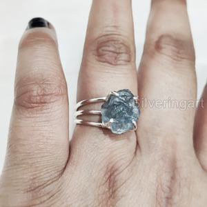 Anillo de Plata de Ley 925 con Apatita Azul Natural en Bruto para Mujer, Anillo de Banda Lisa de 3 mm, Joyería de Piedra Natural, para Navidad o Boda - Product Image 4