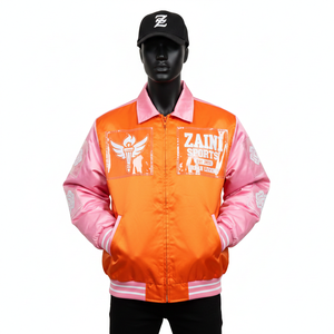 Veste en satin premium 240 GSM, corps orange avec panneaux de manches roses, impression par transfert thermique de logo personnalisé, veste en satin streetwear pour hommes - Product Image 1