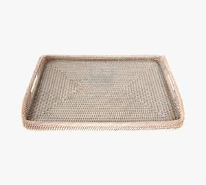 Plateau de service rectangulaire tissé à la main Plateau en bois décoratif avec motif carré de couleur blanche en rotin tissé en bois perlé - Product Image 1