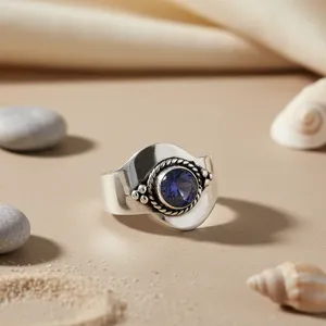 925 <b>Silver</b> Iolite Women's Wedding <b>Ring</b> Resizable Ethnic Jewelry with Bezel Setting and Brass Gemstone Inlay - Product Image 2