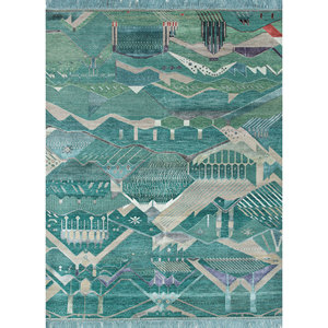 Tapis en laine et soie de bambou noué à la main Manchaha Green, géométrique rectangulaire pour la maison, le couloir, épaisseur 10 mm - Modèle Les-2207, tapis Jaipur - Product Image 1