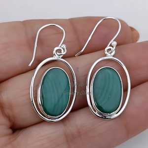 Malachite <b>Earrings</b>, <b>Sterling</b> <b>Silver</b> <b>Dangle</b> <b>Earrings</b>, Handmade Oval Jewelry - Product Image 2