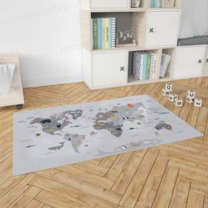 Tapis imprimé avec une carte du monde et des animaux - Tapis unique pour l'entrée, la chambre d'enfant, le bureau, tapis fin non tissé - Product Image 1
