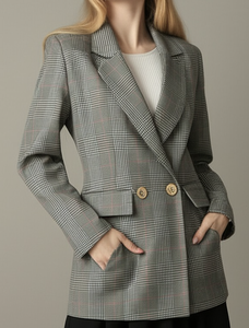 Blazer croisé à carreaux pour femme, col cranté, manches longues, en tissu laine et polyester, style automne, infroissable, tissé - Product Image 4