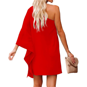 ชุดเดรสผู้หญิงเปิดหลัง ไหล่เดียว แขนสั้น ความยาวปานกลาง ชายกระโปรงไม่เท่ากัน ระบายอากาศได้ดี ผ้าฝ้าย สำหรับงานปาร์ตี้ ค็อกเทล ชุดเดรสทรงเข้ารูป - Product Image 4