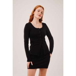 Conjunto de Dos Piezas para Mujer Lustrin: Falda a Rayas y Blusa Abotonada - Atuendo Casual Elegante de Mezcla de Viscosa Negra para Uso Diario - Product Image 1