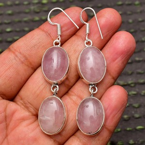 ต่างหูชุบด้วยเงินสเตอร์ลิง925สไตล์โบฮีเมียนประดับกุหลาบควอตซ์อัญมณีธรรมชาติ - Product Image 1