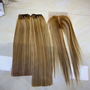 Extensión de cabello humano liso, hueso de doble estiramiento, resaltado Rubio, cierre a juego con 100% de cutícula, cabello virgen Alineación - Product Image 2
