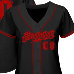Maillot de baseball noir pour femme avec bordure rouge, col en V, manches courtes, personnalisable avec nom et numéro d'équipe, en polyester respirant, style ajusté - Product Image 5