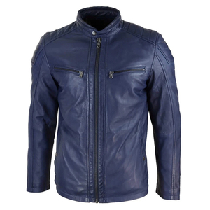 Chaqueta de Motociclista de Cuero Sintético Azul para Hombre, Cuello Alto, Cierre de Cremallera, Corte Regular, Color Sólido, Estilo Biker, para Otoño - Product Image 5