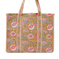 Bolso Tote de Hombro de Algodón Acolchado Estilo Bohemio Vintage para Mujer, Ecológico, con Cierre de Cremallera Personalizado, Estampado en Bloque, Invierno