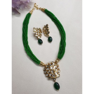 Ensemble de collier et boucles d'oreilles en perles vertes Kundan Polki indiennes, bijoux de mariage traditionnels, mode ethnique, collier ras du cou, ton or, fournisseur - Product Image 1