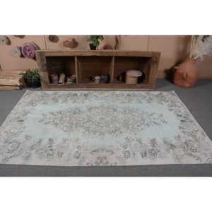 Classique Bleu Beige Vintage Tapis Turc 4.6X7.9 pieds À La Main Patchwork Conception Laine Bambou Soie Latex Salon Couloir Rectangle - Product Image 4