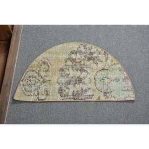 Tapis rond turc 2,5x1,5 pieds, tapis en laine vintage à fleurs vertes - Product Image 1