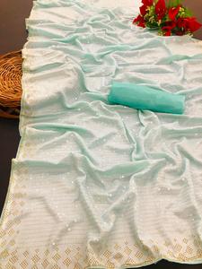 Élégant vêtement de fête, crêpe Pure, soie douce avec séquence de fil, pierre de travail, sari, bordure de tuyauterie, grossiste de Surat - Product Image 5