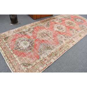 4.7x12.6 ft Vintage Turkish Rug, <b>Runner</b> Rug, <b>Red</b> White Striped Wool Rug - Product Image 1