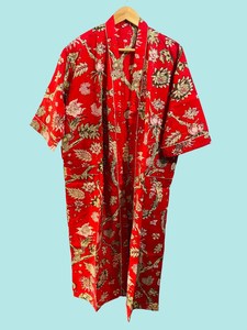 Bata Kimono de Algodón Rojo con Estampado Artesanal, Tallas Grandes para Mujer, Bata Floral Ligera para Descansar, Regalo - Product Image 5