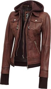 Veste en cuir à capuche pour femme-Veste en cuir d'agneau véritable pour femme avec capuche amovible - Product Image 2