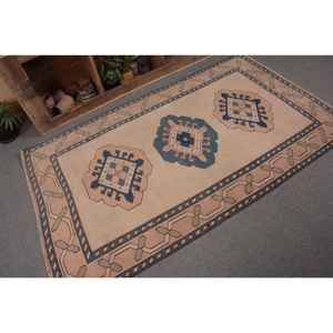 Tapis en laine turque vintage taille 4x6 'bleu Beige Style classique Patchwork Design tissage plat Latex adolescent décorations de salon - Product Image 5