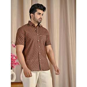 Camisa Casual de Manga Corta para Hombre, Color Marrón, Estampada, 100% Algodón, Tejido Transpirable de Popelina y Satén, Estilo Moderno para Verano - Product Image 5