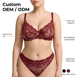 Conjunto de sujetador y braga de encaje sin forro, transpirable, sin costuras, con aros y efecto push-up, talla grande, personalizado por Hexin, para mujer (Nylon/Spandex) - Product Image 1