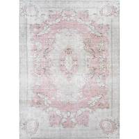 Tapis de transition vintage en laine douce noué à la main, teinte or/rose, motif médaillon classique abstrait, 6'6x10 pi, pour salon et maison