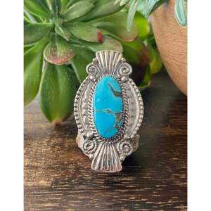Navajo Handmade Kingman Turquoise & Sterling <b>Silver</b> <b>Statement</b> <b>Ring</b> Size 8.5 Gemstone Inlay with Natural Stone Everyday Wear - Product Image 1
