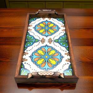 Plateau moderne en bois de noyer pouf avec poignées plateau de service pour la décoration de salon idée cadeau pour la maison - Product Image 1