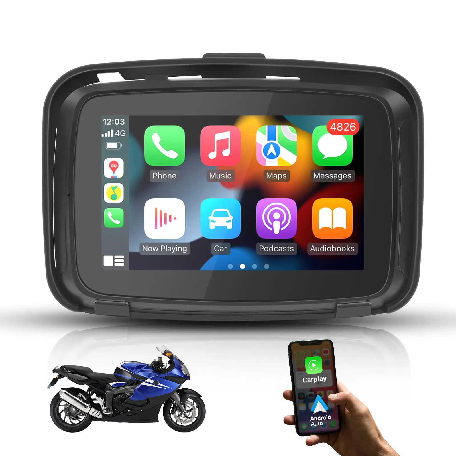 PJAUTO GPS Wireless Carplay 5" IPS Waterproof Touch Screen 5G Dual Bluetooth Navigator GPS Motorcycle Carplay for Motorbike