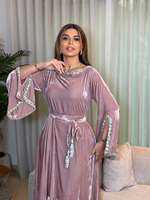 Caftan Abaya Islamique en Velours Léger Perlé et Pailleté Fait Main en Polyester Grande Taille pour Soirée – Style Algérien