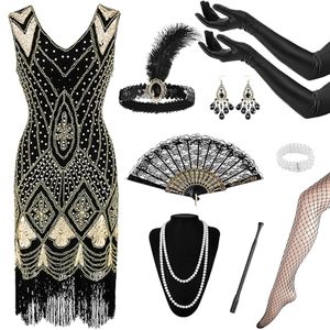 Costume de <span class=keywords><strong>Charleston</strong></span> des années 1920 pour femmes, 9 pièces, robe à franges pour Halloween, col en V, accessoires inclus, colliers - Product Image 1