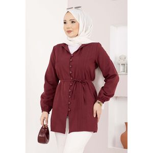 Camisa Borgoña con Cordones para Mujer, Detalle Acanalado, Cuello con Volantes, Estilo Chic Coreano para Primavera, Verano y Otoño, Talla XL - Product Image 2