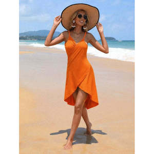 Women's Strappy Wrap-Around Neckline <b>Viscose</b> <b>Dress</b> with Front Cross-Cut Detail, 37435 - Orange - Product Image 3