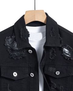 Veste en jean déchirée noire pour homme, délavée, boutonnée, décontractée, streetwear, veste de camionneur en jean pour homme - Product Image 4