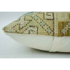 Beige 18x18 Inch Kantha <b>Patchwork</b> Wool Pillow Luxury Vintage Square Design for Living Room <b>Bedding</b> Woven Technique - Product Image 5