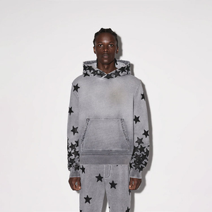 Patchs surdimensionnés en cuir noir vieilli pull à capuche lourd personnalisé vintage acide minéral pierre délavée sweats à capuche pour hommes - Product Image 6