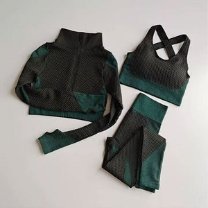 Women 3 Piece Yoga Set Black Blue Mesh <b>Crop</b> Top High Waist <b>Leggings</b> Crisscross Sports Bra Seamless Spandex Polyester Breathable - Product Image 2