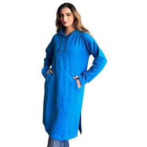 Full Sleeve Length Wholesale Ladies Winter Blue Maxi Tunic Dress East West Women Long Fleece Pullover Hoodie with Hooded Design - Product Image 2