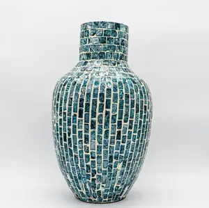 Оптовая продажа на заказ, украшение стола, голубая зеленая мозаичная ваза для цветов, перламутровая инкрустированная ваза от вьетнамской фабрики