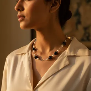 Women's Black <b>White</b> Bead Necklace Vintage Religious Trendy <b>Gold</b> Chains Fashionable Jewelry for Wedding Party Great Gift Idea - Product Image 1