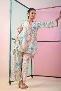 Tenue décontractée islamique 2 pièces assortie Ensembles de cordon imprimé personnalisé en lin modeste pour femmes Vêtements de salon élégants - Product Image 4