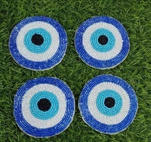 Jaunty Tri-Color Glass Beads & Fabric Round Hand Embroidered Premium Quality <b>Beaded</b> <b>Coaster</b> Set - Product Image 1