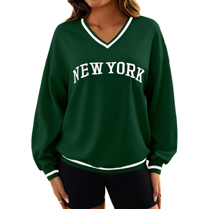 Sweat-shirt surdimensionné à col en V pour femmes pull décontracté à coupe ample avec poignets rayés et ourlet en mélange de coton doux Streetwear Fashion - Product Image 4