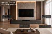 Meuble TV mural intégré moderne KEJIA avec éclairage LED, texture bois et pierre, et tiroirs