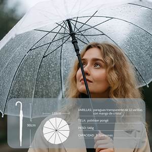 Parapluie droit classique coupe-vent transparent à 12 baleines, ouverture manuelle, en nylon, idéal pour les jours de pluie et les mariages/événements - Product Image 2