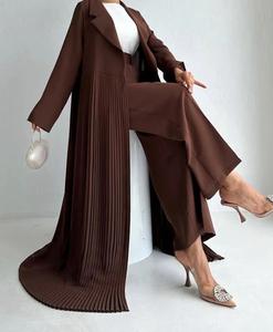 Long manteau en soie marron de luxe personnalisé vente en gros anti-rides Abaya pantalon assorti Dubaï vêtements islamiques adultes musulmans - Product Image 3