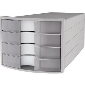 HAN IMPULS 4-Drawer Desktop Organizer Light Gray Housing with Clear Translucent Drawers DIN A4 & DIN C4 Sizes <b>Polystyrene</b> <b>Box</b> - Product Image 1
