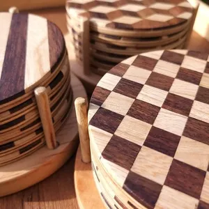 Walnut <b>Coasters</b> Handcrafted Wooden <b>Drink</b> <b>Coasters</b> Set Checkered Pattern Round <b>Coasters</b> for Hot and Cold <b>Drinks</b> Table - Product Image 3