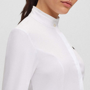 <b>White</b> Long Sleeve High Neck Equestrian Shirt With Black <b>Belt</b> And Trim Details - Product Image 3